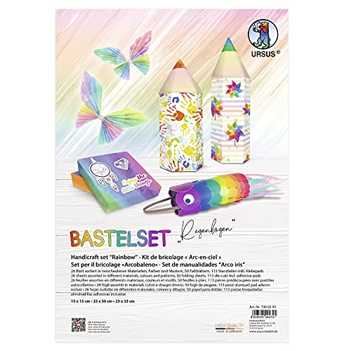 Ursus 7900099 - Bastelset, farbenfroher Materialmix in schönen Regenbogen-Farben, mit Bastelpapier, Faltblättern, Stanzteilen und Klebepads, bunt von Ursus