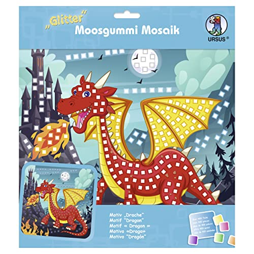 Ursus 8420016 - Glitter Moosgummi Mosaik-Bild "Drache", Bastelset für ein Klebebild aus Moosgummi-Stickern, ca. 25 x 25 cm mit Aufsteller, Mittel von Ursus