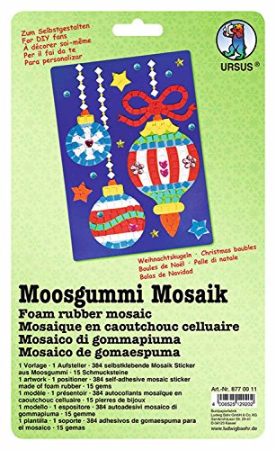 Ursus 8770011 - Moosgummi Mosaikbild, Weihnachtskugeln, ca. 23 x 16 cm, Set mit vorgedrucktem Motiv, Aufsteller, 384 Moosgummi Sticker in 6 Farben und 15 Schmucksteine von Ursus