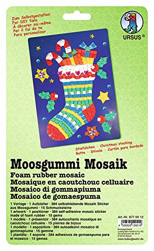 Ursus 8770012 - Moosgummi Mosaikbild, Stiefelchen, ca. 23 x 16 cm, Set mit vorgedrucktem Motiv, Aufsteller, 384 Moosgummi Sticker in 6 Farben und 15 Schmucksteine von Ursus
