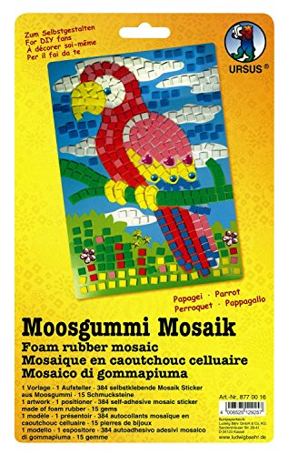Ursus 8770016 - Moosgummi Mosaikbild, Papagei, ca. 23 x 16 cm, Set mit vorgedrucktem Motiv, Aufsteller, 384 Moosgummi Sticker in 6 Farben und 15 Schmucksteine von Ursus