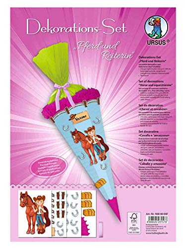Ursus 9880008F - Dekorationsset Pferd und Reiterin, 4 Bogen Bastelkarton DIN A4, beidseitig bedruckt, vorgestanzt, genutet, zum Dekorieren einer Schultüte, teilweise veredelt, mit Satinband Ursus 9880008F - Dekorationsset Pferd und Reiterin, 4 Bogen Bastelkarton DIN A4, beidseitig bedruckt, vorgestanzt, genutet, zum Dekorieren einer Schultüte, teilweise veredelt, mit Satinband von Ursus