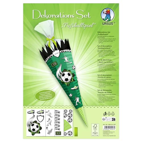 Ursus 9880020F - Dekorations-Set Fußballspiel, 4 Bogen Bastelkarton, beidseitig bedruckt, vorgestanzt, genutet, zum Dekorieren einer Schultüte, mit Satinband Ursus 9880020F - Dekorations-Set Fußballspiel, 4 Bogen Bastelkarton, beidseitig bedruckt, vorgestanzt, genutet, zum Dekorieren einer Schultüte, mit Satinband von Ursus