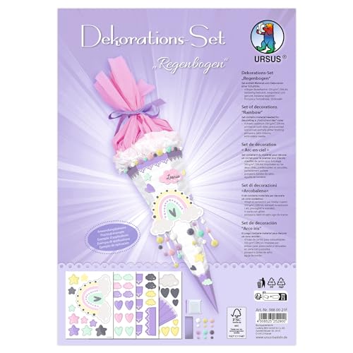 Ursus 9880021F - Dekorations-Set Regenbogen, 4 Bogen Bastelkarton, beidseitig bedruckt, vorgestanzt, genutet, zum Dekorieren einer Schultüte, mit Satinband Ursus 9880021F - Dekorations-Set Regenbogen, 4 Bogen Bastelkarton, beidseitig bedruckt, vorgestanzt, genutet, zum Dekorieren einer Schultüte, mit Satinband von Ursus