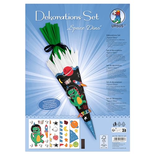 Ursus 9880022F - Dekorations-Set Space Dino, 4 Bogen Bastelkarton, beidseitig bedruckt, vorgestanzt, genutet, zum Dekorieren einer Schultüte, mit Satinband Ursus 9880022F - Dekorations-Set Space Dino, 4 Bogen Bastelkarton, beidseitig bedruckt, vorgestanzt, genutet, zum Dekorieren einer Schultüte, mit Satinband von Ursus