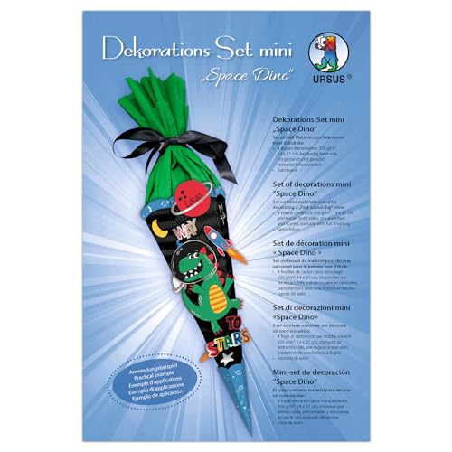 Ursus 9900005F - Dekorations-Set mini Space Dino, 4 Bogen Bastelkarton, beidseitig bedruckt, vorgestanzt, genutet, zum Dekorieren einer Schultüte, mit Satinband Ursus 9900005F - Dekorations-Set mini Space Dino, 4 Bogen Bastelkarton, beidseitig bedruckt, vorgestanzt, genutet, zum Dekorieren einer Schultüte, mit Satinband von Ursus
