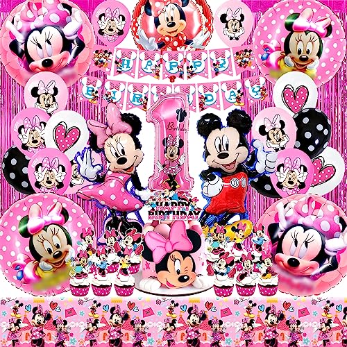 Minni Luftballons,Minni Mouse Geburtstagsdeko 1 Jahre Mädchen Rosa, Minni Folienballons für Birthday Party Supplies Dekoration Mit Mouse Tortendeko,Minni Happy Birthday Banner für Minni Themenparty von Usizaxol