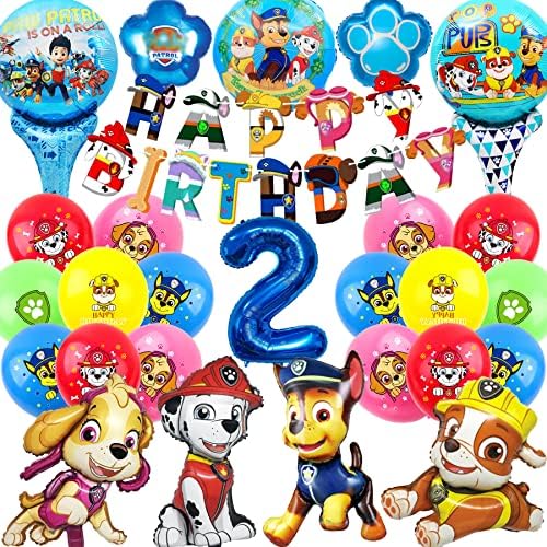 Pa-w Dog Geburtstag Deko 2 Jahre, Pa-w Dog Luftballons Kindergeburtstag,Pa-w Dog Geburtstagsdeko Set Mit Happy Birthday Banner, Folienballon, Jungen Blau Paw dog Luftballons Geburtstag Party Deko Kit von Usizaxol