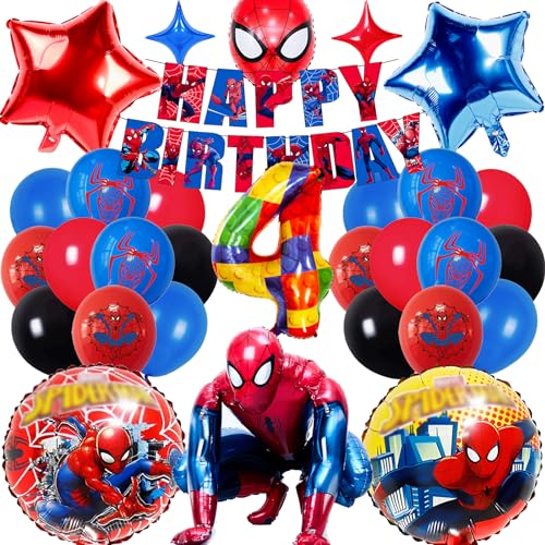Spiderma Kindergeburtstag Deko, Spidey Luftballons Geburtstagsdeko Set für Junge und Mädchen, Spiderma Geburtstagsdeko 4 Jahre Mit riesigen 3D-Spiderma-Folienballons, Birthday Banner, Latexballons von Usizaxol