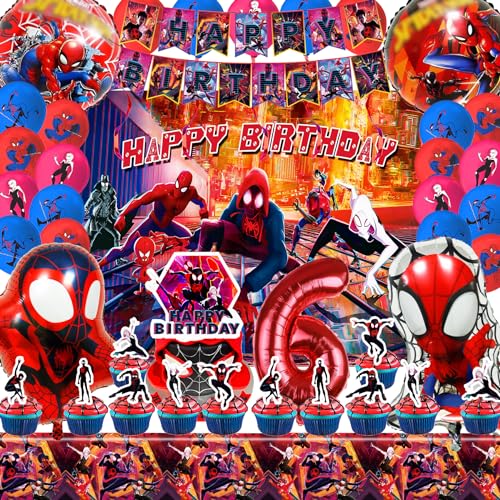 Spiderma Kindergeburtstag Deko 6 Jahre, Spiderma Geburtstagsdeko Mit Spider Luftballon für Jungen Mädchen Thema Party Mit riesigen 3D-Spiderma-Folienballons, Cartoon-Hintergrundstoff und Zahlenballons von Usizaxol