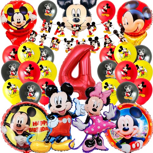 Micke mouse geburtstagsdeko Party Luftballons 4 Jahre, Micke mouse Rot Schwarz Großer Folienballons, 3D Micke mouse Ballons, mick maus geburtstagsballonsDekorationen Mit Happy Birthday Banner von Usizaxol