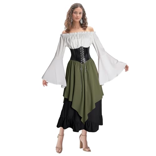 Usthirit Renaissance-Kostüm für Damen, mittelalterliches Kleid, Trompetenärmel, viktorianisches Hemd und Rock, Z2635stgn, S von Usthirit