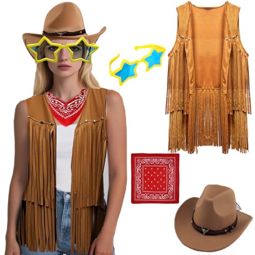 Cowgirl-Kostüm für Damen, Western-Quasten, Weste, Schal, Hut, Brille, Set für Cowgirl, Cowboy, Halloween, Cosplay-Kostüme, Braun, XL Cowgirl-Kostüm für Damen, Western-Quasten, Weste, Schal, Hut, Brille, Set für Cowgirl, Cowboy, Halloween, Cosplay-Kostüme, Braun, XL von Utaomld