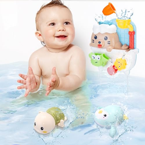 Utoo Badespielzeug für Kleinkinder 1-4 Alter Mädchen Junge,6PCS Baby Badespielzeug Set enthält Seelöwe Wasser Spielen Dusche,schwimmende Schildkröte von Utoo