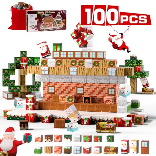 Uuoeebb 100 Stück Magnetische Bausteine - Baue Mine Welt mit Weihnachts-Schnee Magnetische Bauwelt, Magnet Spielzeug für Kinder, Konstruktionsspielzeug im Montessori-Stil für Kinder ab 3 Jahren von Uuoeebb