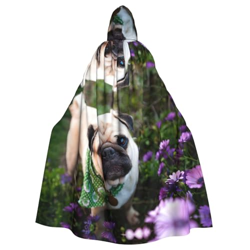 Uusnwaa Umhang mit Kapuze, Motiv: Mops im Garten, Umhang mit Kapuze, mittelalterlicher Renaissance-Umhang für Damen und Herren, Halloween, Cosplay-Kostüm von Uusnwaa