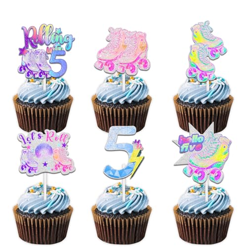 18 bunte Glitzer-Rollschuh-Cupcake-Topper für 80er-/90er-Jahre-Retro-Hip-Hop-Rollschuhlaufen, Rolle in 5 Themen-Dekorationen, für Jungen und Mädchen, Happy 5th Birthday, Party-Dekorationen 18 bunte Glitzer-Rollschuh-Cupcake-Topper für 80er-/90er-Jahre-Retro-Hip-Hop-Rollschuhlaufen, Rolle in 5 Themen-Dekorationen, für Jungen und Mädchen, Happy 5th Birthday, Party-Dekorationen von Uwaikin