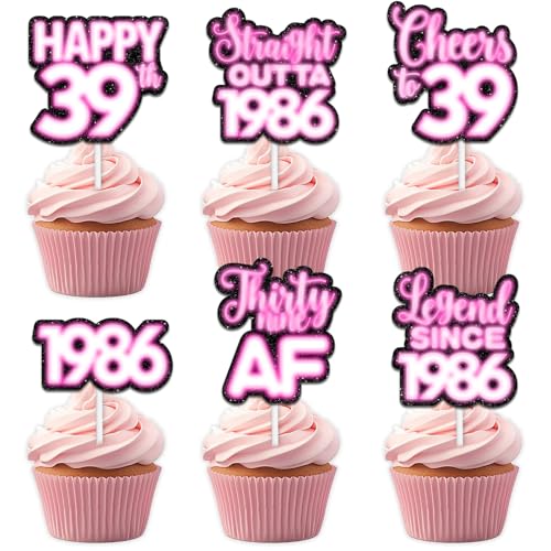 18 rosa glitzernde Dessert-Cupcake-Topper für Straight Outta 1986 Legend Since 1986 Themen-Dekor-Zubehör für Männer Happy 39th Birthday Party Dekorationen von Uwaikin