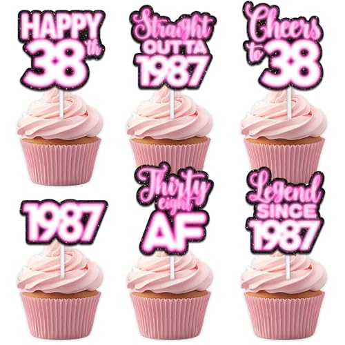 18 rosa glitzernde Dessert-Cupcake-Topper für Straight Outta 1987 Legend Since 1987 Themen-Dekor-Zubehör für Männer Happy 38th Birthday Party Dekorationen von Uwaikin