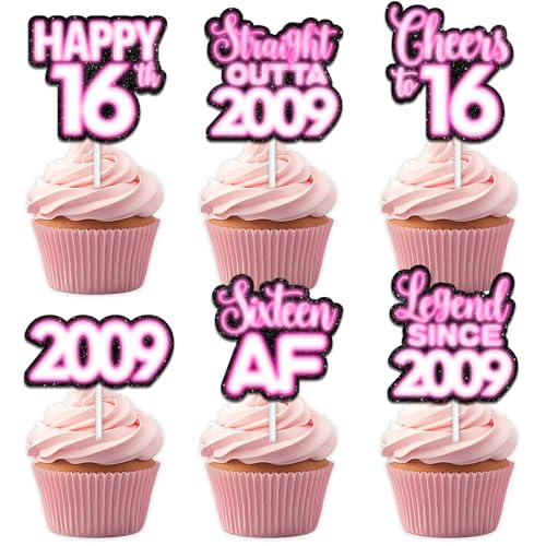 18 rosa glitzernde Dessert-Cupcake-Topper für Straight Outta 2009 Legend Since 2009 Themen-Dekor-Zubehör für Männer Happy 16th Birthday Party Dekorationen von Uwaikin