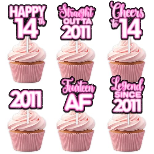 18 rosa glitzernde Dessert-Cupcake-Topper für Straight Outta 2011 Legend Since 2011 Themen-Dekor-Zubehör, Jungen, Happy 14th Birthday, Party-Dekorationen von Uwaikin
