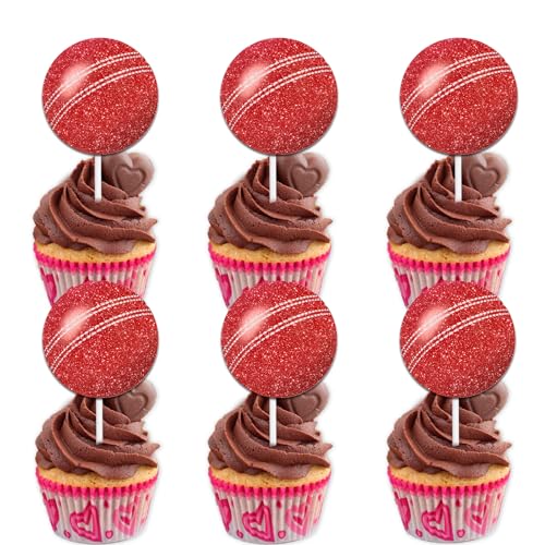 18 rote Glitzer-Cricket-Bälle, Dessert-Cupcake-Topper, Picks für Cricket, Sport, Themen-Dekoration, Zubehör, für Männer und Frauen, Happy Birthday, Party-Dekorationen von Uwaikin