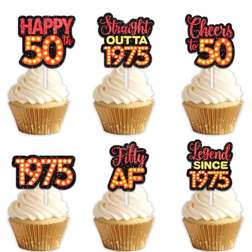 18 rote Glitzer-Dessert-Cupcake-Topper für Straight Outta 1975 Legend Since 1975, Themen-Dekor-Zubehör, Herren, Happy 50th Birthday, Party-Dekorationen von Uwaikin