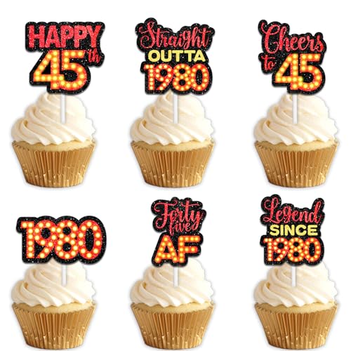 18 rote Glitzer-Dessert-Cupcake-Topper für Straight Outta 1980 Legend Since 1980, Themen-Dekor-Zubehör, Herren, Happy 45th Birthday, Party-Dekorationen 18 rote Glitzer-Dessert-Cupcake-Topper für Straight Outta 1980 Legend Since 1980, Themen-Dekor-Zubehör, Herren, Happy 45th Birthday, Party-Dekorationen von Uwaikin