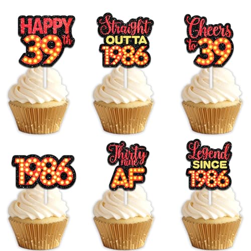 18 rote Glitzer-Dessert-Cupcake-Topper für Straight Outta 1986 Legend Since 1986, Themen-Dekor-Zubehör, Herren, Happy 39th Birthday, Party-Dekorationen 18 rote Glitzer-Dessert-Cupcake-Topper für Straight Outta 1986 Legend Since 1986, Themen-Dekor-Zubehör, Herren, Happy 39th Birthday, Party-Dekorationen von Uwaikin