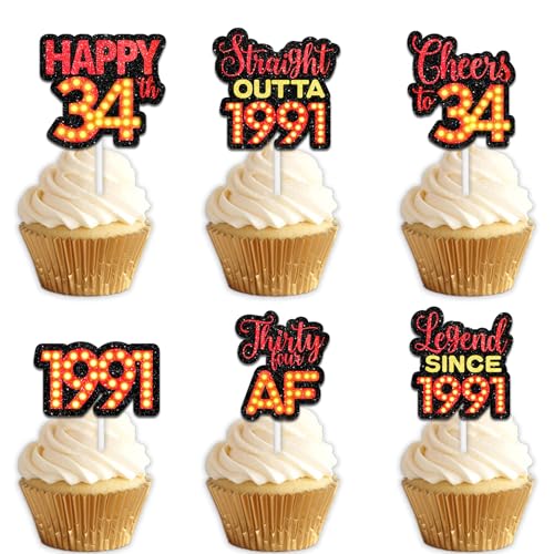 18 rote Glitzer-Dessert-Cupcake-Topper für Straight Outta 1991 Legend Since 1991, Themen-Dekor-Zubehör, Herren, Happy 34th Birthday, Party-Dekorationen von Uwaikin