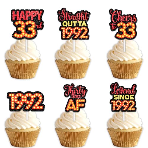 18 rote Glitzer-Dessert-Cupcake-Topper für Straight Outta 1992 Legend Since 1992 Themen-Dekor-Zubehör, Herren, Happy 33. Geburtstag, Party-Dekorationen 18 rote Glitzer-Dessert-Cupcake-Topper für Straight Outta 1992 Legend Since 1992 Themen-Dekor-Zubehör, Herren, Happy 33. Geburtstag, Party-Dekorationen von Uwaikin