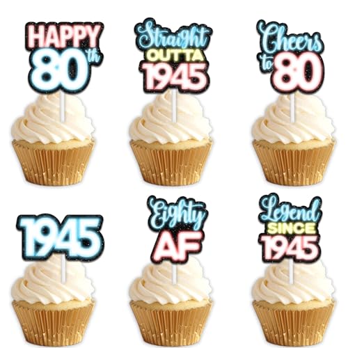 18 x blaue Glitzer-Dessert-Cupcake-Topper für Straight Outta 1945 Legende seit 1945, Themendekor, für Männer, Happy 80th Birthday, Party-Dekorationen von Uwaikin