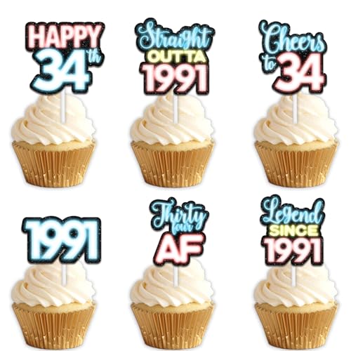 18 x blaue Glitzer-Dessert-Cupcake-Topper für Straight Outta 1991 Legend Since 1991 Themen-Dekor-Zubehör für Männer Happy 34th Birthday Party Dekorationen 18 x blaue Glitzer-Dessert-Cupcake-Topper für Straight Outta 1991 Legend Since 1991 Themen-Dekor-Zubehör für Männer Happy 34th Birthday Party Dekorationen von Uwaikin