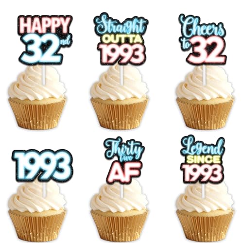 18 x blaue Glitzer-Dessert-Cupcake-Topper für Straight Outta 1993 Legend Since 1993 Themen-Dekor-Zubehör für Männer, Happy 32. Geburtstag, Party-Dekorationen von Uwaikin