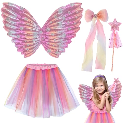 4-teiliges Feenkostüm-Set für Mädchen, Schmetterlingsflügel-Kostüm, Outfit mit Tutu-Rock, Zauberstab, Schleife, Haarnadel, Feenflügel, Prinzessinnen-Kostüm für Kinder, Partykleid, Farbiger Flügel 4-teiliges Feenkostüm-Set für Mädchen, Schmetterlingsflügel-Kostüm, Outfit mit Tutu-Rock, Zauberstab, Schleife, Haarnadel, Feenflügel, Prinzessinnen-Kostüm für Kinder, Partykleid, Farbiger Flügel von UxClishe