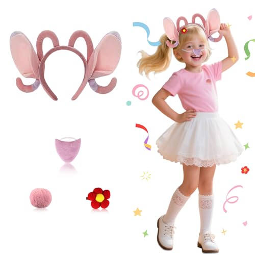 4-teiliges Tier-Cosplay-Zubehör-Set, Alien-Film-Charaktere, Verkleidung mit rosa Ohren, Stirnband, Schwanz, rote Blume, Haarnadel, Nase für Halloween, Welttag des Buches, Karneval, Mottoparty-Zubehör von UxClishe