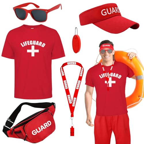 6-teiliges Rettungsschwimmer-Kostüm-Set für Herren, Strand-Schwimmer, Verkleidung mit T-Shirt, verstellbarer Hut, Bauchtasche, Pfeife, Sonnenbrille, Schlüsselanhänger für Halloween, Cosplay 6-teiliges Rettungsschwimmer-Kostüm-Set für Herren, Strand-Schwimmer, Verkleidung mit T-Shirt, verstellbarer Hut, Bauchtasche, Pfeife, Sonnenbrille, Schlüsselanhänger für Halloween, Cosplay von UxClishe