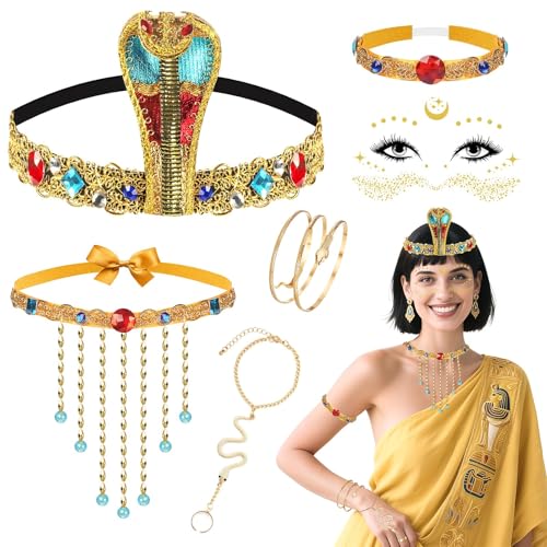 6-teiliges ägyptisches Kostüm-Set für Damen, Kleopatra-Kostüm-Set mit Kobra-Kopfbedeckung, Schlangenarmband, Quasten-Halskette, Edelstein-Armband, Ring-Tattoos, Vintage-Party-Outfit für Halloween 6-teiliges ägyptisches Kostüm-Set für Damen, Kleopatra-Kostüm-Set mit Kobra-Kopfbedeckung, Schlangenarmband, Quasten-Halskette, Edelstein-Armband, Ring-Tattoos, Vintage-Party-Outfit für Halloween von UxClishe