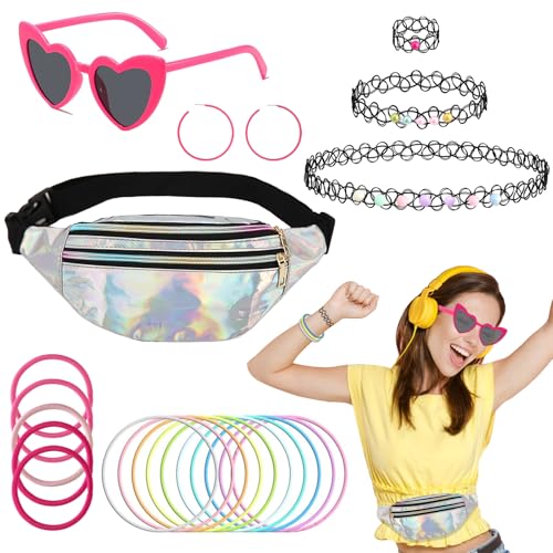 80er Jahre Kostüm Set für Damen, 90er Jahre Verkleidung mit Laser Hüfttasche Herz Sonnenbrille Creolen Ohrringe Angelschnur Halskette Armband Ring Haarband Neon Armband für Retro Party Supplies Dress 80er Jahre Kostüm Set für Damen, 90er Jahre Verkleidung mit Laser Hüfttasche Herz Sonnenbrille Creolen Ohrringe Angelschnur Halskette Armband Ring Haarband Neon Armband für Retro Party Supplies Dress von UxClishe