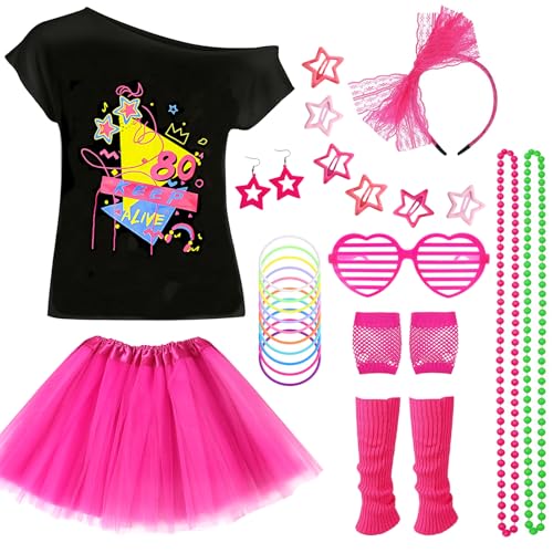 80er Jahre Kostüm Zubehör Set für Mädchen Fasching Neon Party Outfit mit T-Shirt Tutu Rock Fischnetz Handschuhe Beinwärmer Ohrringe Armbänder Halsketten Haarnadeln Brille Stirnband für Retro Party von UxClishe