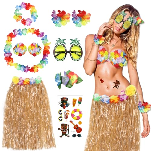 9-teiliges hawaiianisches Hula-Grasrock-Set, Hawaii-Kostüm mit Leis-Grasrock, Girlande, Blumen-Halskette, Armband, Ananas-Sonnenbrille für Erwachsene, Kinder, Sommer, Strand, tropische 9-teiliges hawaiianisches Hula-Grasrock-Set, Hawaii-Kostüm mit Leis-Grasrock, Girlande, Blumen-Halskette, Armband, Ananas-Sonnenbrille für Erwachsene, Kinder, Sommer, Strand, tropische von UxClishe