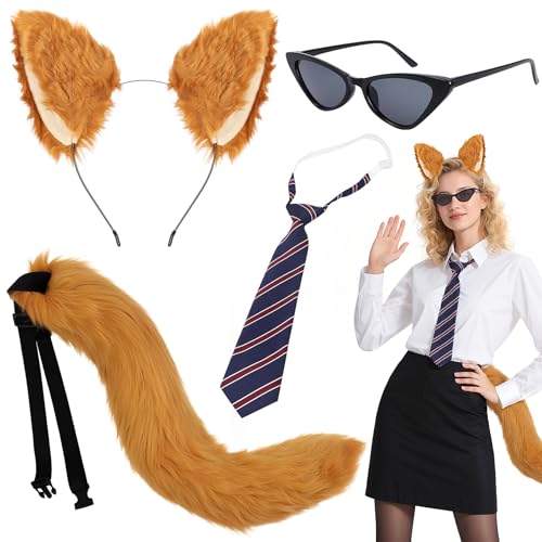 Fuchskostüm-Set, Tier-Kostüm mit Ohren, Stirnband, Schwanz, Fliege, Sonnenbrille für Halloween, Cosplay, Themenspiel, Party, Weihnachtsdekoration, Kostümzubehör, 4-teilig von UxClishe