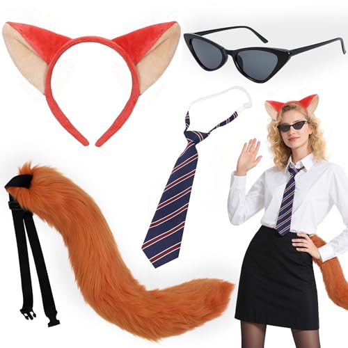 Fuchskostüm-Set, Tier-Kostüm mit Ohren, Stirnband, Schwanz, Fliege, Sonnenbrille für Halloween, Cosplay, Themenspiel, Party, Weihnachtsdekoration, Kostümzubehör, 4-teilig von UxClishe