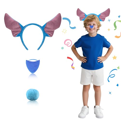 UxClishe 3-teiliges Tier-Cosplay-Zubehör-Set, Alien-Film-Charaktere, Verkleidung mit blauen Ohren, Stirnband, Nasenschwanz für Halloween, Welttag des Buches, Karneval, Mottoparty-Zubehör (blau) von UxClishe