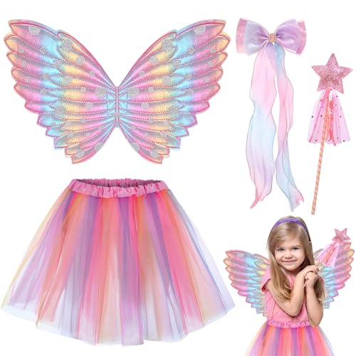 UxClishe 4-teiliges Feenkostüm-Set für Mädchen, Schmetterlingsflügel-Kostüm, Outfit mit Tutu-Rock, Zauberstab, Schleife, Haarnadel, Kinder, Feenflügel, Engel-Prinzessinnen-Kostüm für Kinder-Partys UxClishe 4-teiliges Feenkostüm-Set für Mädchen, Schmetterlingsflügel-Kostüm, Outfit mit Tutu-Rock, Zauberstab, Schleife, Haarnadel, Kinder, Feenflügel, Engel-Prinzessinnen-Kostüm für Kinder-Partys von UxClishe
