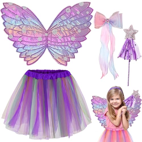 UxClishe 4-teiliges Feenkostüm-Set für Mädchen, Schmetterlingsflügel-Kostüm, Outfit mit Tutu-Rock, Zauberstab, Schleife, Haarnadel, Kinder, Feenflügel, Engel-Prinzessinnen-Kostüm für Kinder UxClishe 4-teiliges Feenkostüm-Set für Mädchen, Schmetterlingsflügel-Kostüm, Outfit mit Tutu-Rock, Zauberstab, Schleife, Haarnadel, Kinder, Feenflügel, Engel-Prinzessinnen-Kostüm für Kinder von UxClishe