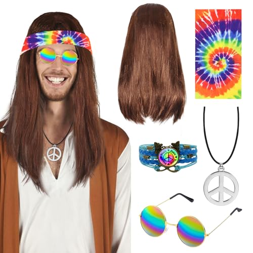 UxClishe 5-teiliges Hippie-Zubehör für Herren, 70er-Jahre Disco-Stil, 60er-Jahre-Kostüm, 80er-Jahre-Kostüm, mit Hippie-Perücke, Sonnenbrille, Hippie-Kostüm-Set für Partyzubehör (Batik-Dye-Stil) UxClishe 5-teiliges Hippie-Zubehör für Herren, 70er-Jahre Disco-Stil, 60er-Jahre-Kostüm, 80er-Jahre-Kostüm, mit Hippie-Perücke, Sonnenbrille, Hippie-Kostüm-Set für Partyzubehör (Batik-Dye-Stil) von UxClishe