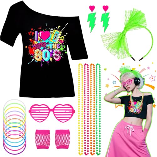 UxClishe 7-teiliges 80er-Jahre-Kostüm-Zubehör-Set für Damen, Verkleidung mit T-Shirt, Perlen, Halskette, Armband, Ohrringe, kurze Handschuhe, Stirnband, Herz, Brille für Halloween UxClishe 7-teiliges 80er-Jahre-Kostüm-Zubehör-Set für Damen, Verkleidung mit T-Shirt, Perlen, Halskette, Armband, Ohrringe, kurze Handschuhe, Stirnband, Herz, Brille für Halloween von UxClishe