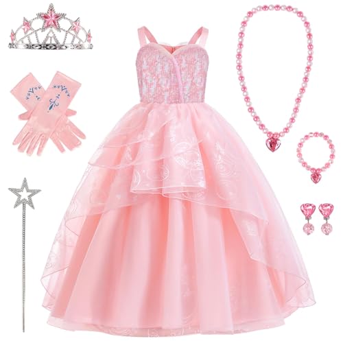 UxClishe 7-teiliges rosa Hexenkostüm für Mädchen, Kostüm-Set mit rosa Blasen, Tüll, Prinzessinnenkleid, Handschuhe, Krone, Zauberstab, Halskette, Ohrringe, Armband für Pailletten, Halloween, Party von UxClishe