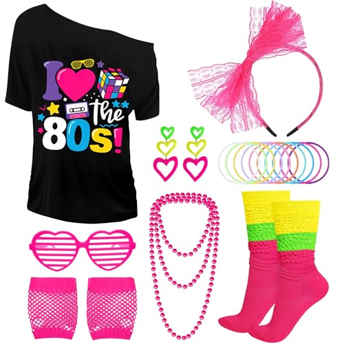 UxClishe 80er Jahre Kostüm Zubehör Set für Frauen Verkleidung mit T-Shirt Brille Stirnband Ohrringe Perlenkette Kurze Handschuhe Gestapelte Socken Leuchtarmband für Halloween Neon Party Cosplay UxClishe 80er Jahre Kostüm Zubehör Set für Frauen Verkleidung mit T-Shirt Brille Stirnband Ohrringe Perlenkette Kurze Handschuhe Gestapelte Socken Leuchtarmband für Halloween Neon Party Cosplay von UxClishe